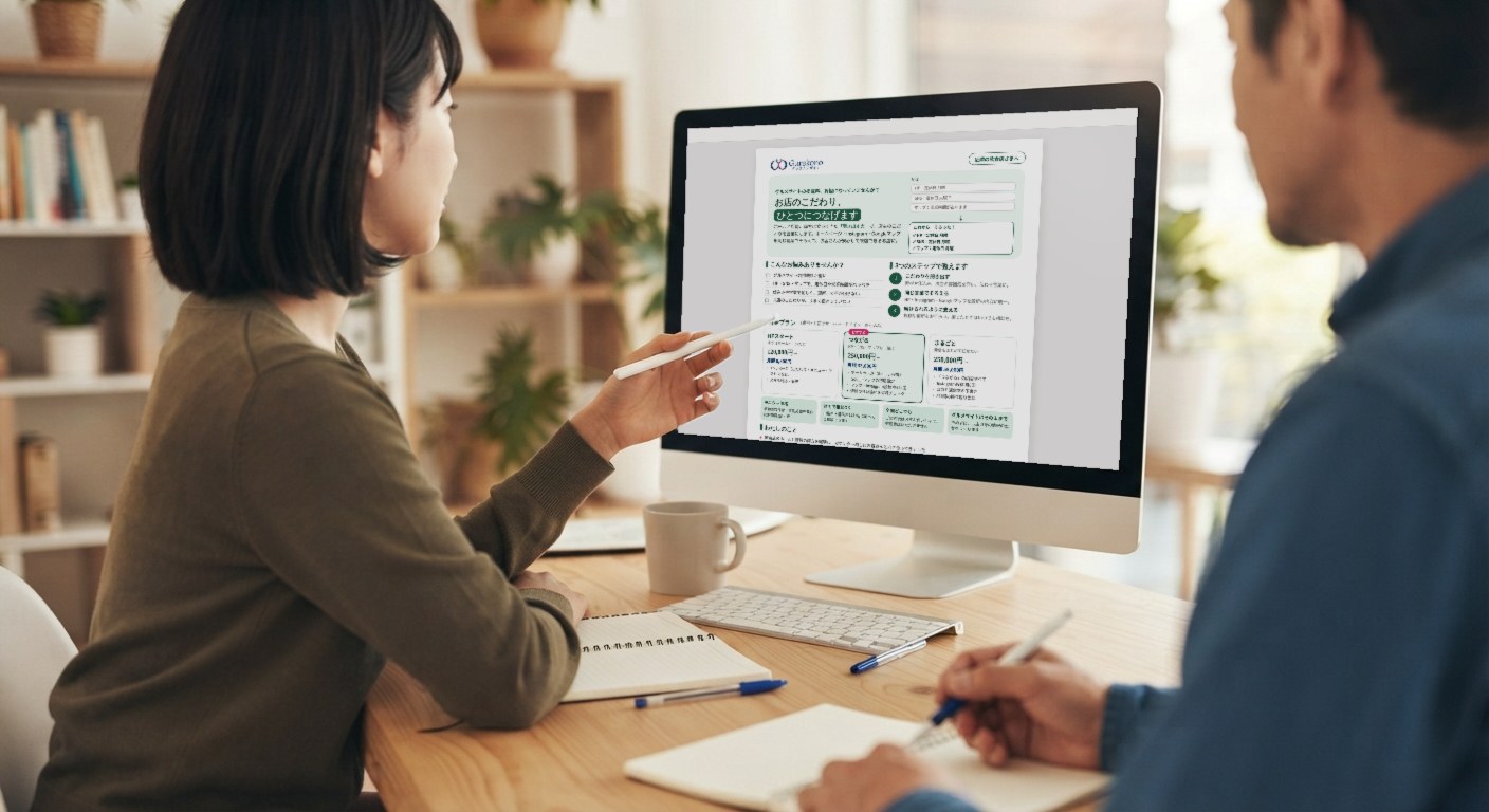 パソコンで提案シートを見せながら打ち合わせをしているイメージ